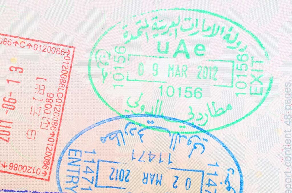 Entry and Exit passport United Arab Emirates stamps in a passport