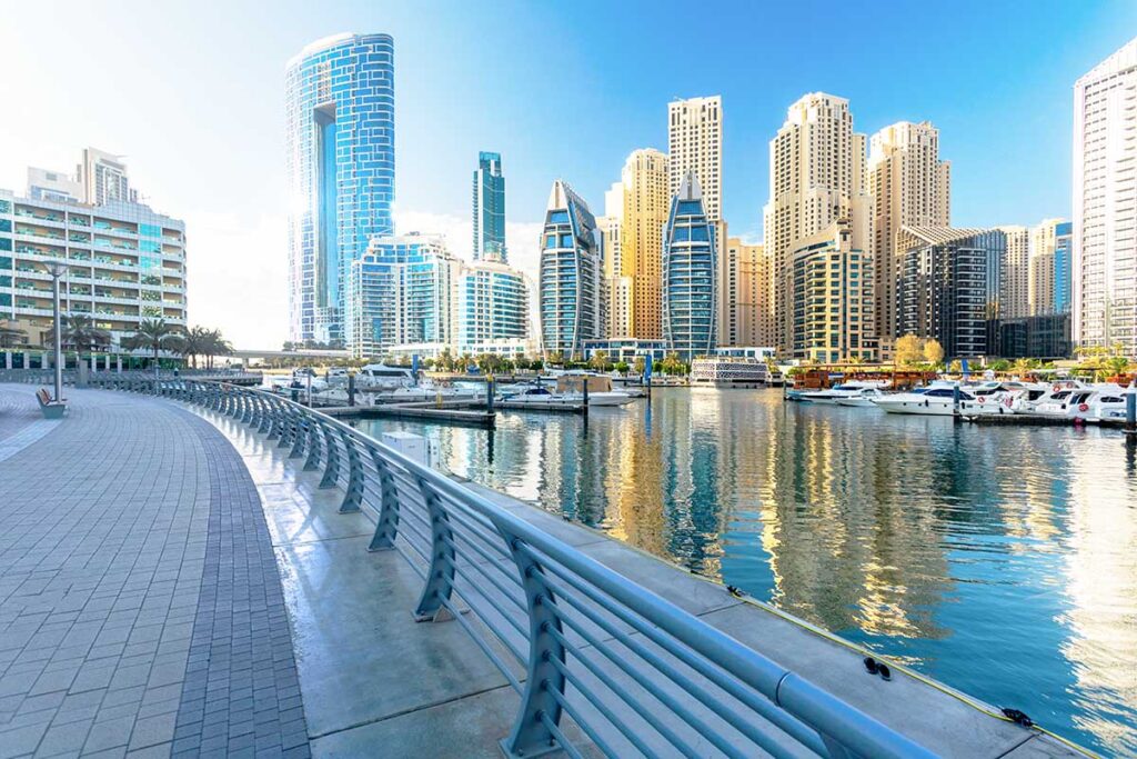 Beautiful view of Dubai Marina in a sunny day. Dubai Marina , United Arab Emirates.