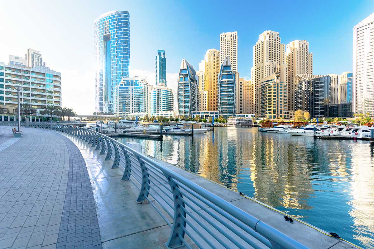 Beautiful view of Dubai Marina in a sunny day. Dubai Marina , United Arab Emirates.