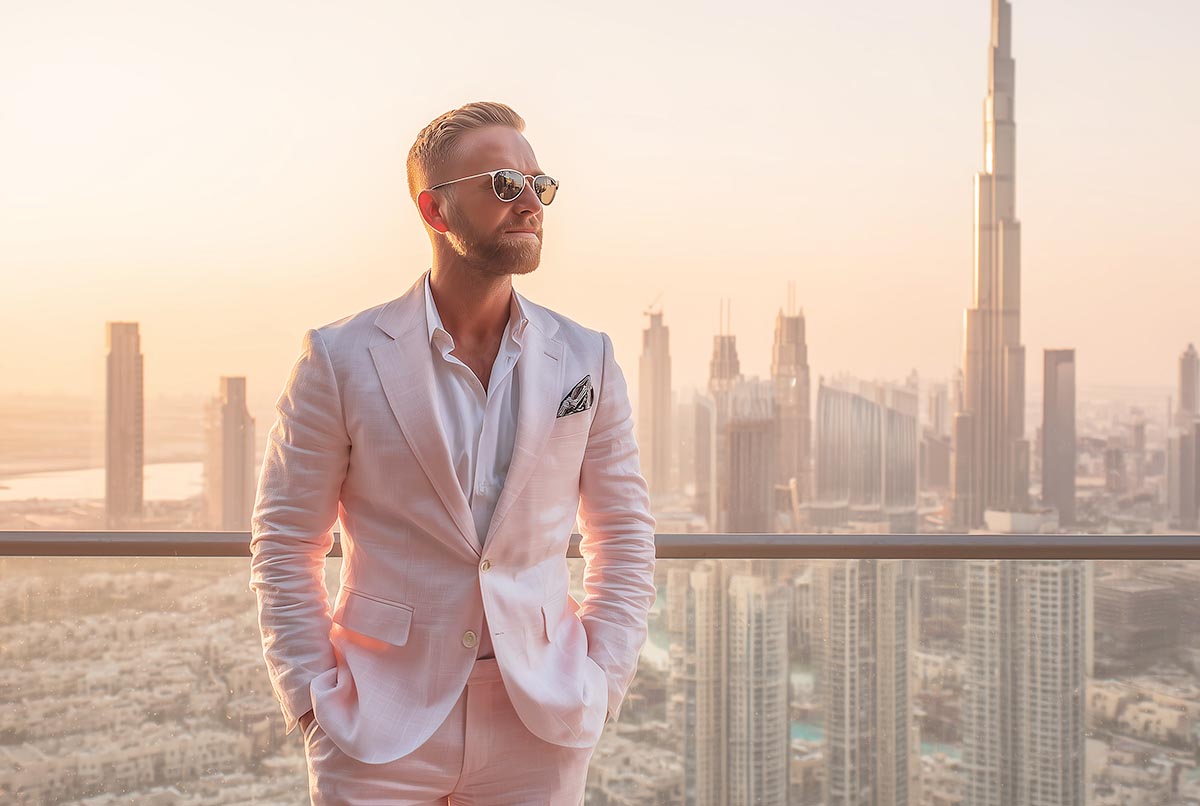 man standing showing the famous dubai skyline